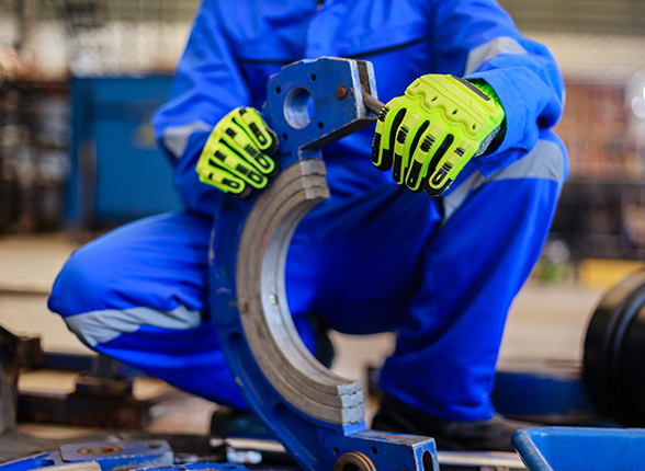 Close-up of an engineer in blue uniform and safety gloves adjusting a pipe clamping fixture for HDPE welding in an industrial setting. Concept of precision work, safety, and mechanical setup
